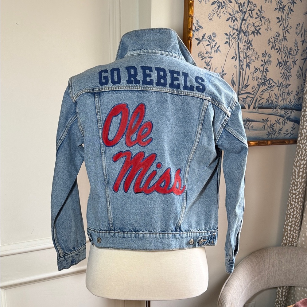 Old Navy Light Blue Denim Jacket with Red 'Ole Miss' Lettering